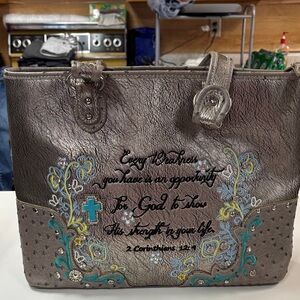 Elegant Metallic Tote with Embroidered Design